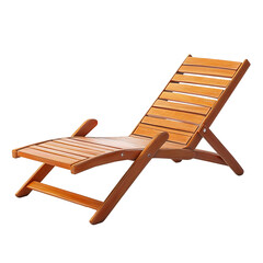 A wooden sun lounger with horizontal slats.