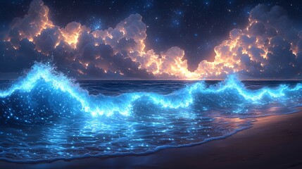 Fototapeta premium A stunning ocean scene with luminous waves at night