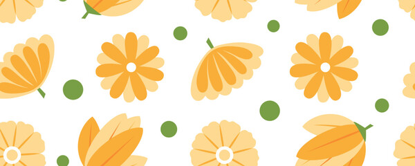 Cute orange flowers seamless pattern. White background. Floral template for seasonal creative graphic design. Vector illustration.