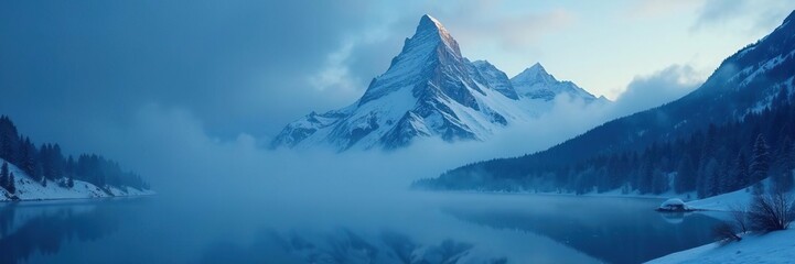 Obraz premium White misty veil descends on the mountain peak, fog, night, frozen lake
