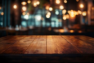 Empty Wooden Table Surface at Restaurant with Bokeh Lights Background
