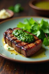 Perfectly grilled flank steak with vibrant chimichurri and creamy horseradish , horseradish, tabletop, steak