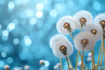 Obraz premium Breathtaking Dandelion Seeds on Blue Bokeh Background - Spring Nature Photography