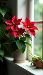 Poinsettia flowers in full bloom on a windowsill with natural greenery, nature details, greenery, windowsill decor