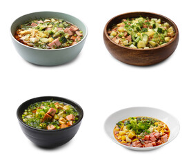 Delicious okroshka soup with kvass on white background, set