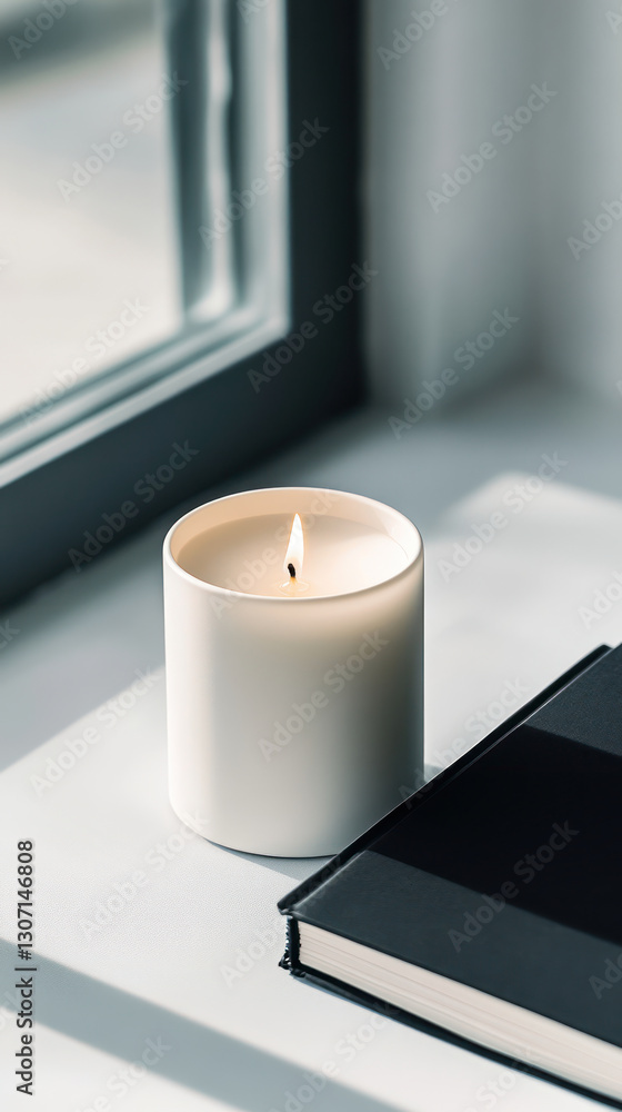 Aufkleber lit candle beside closed notebook on table near window, creating serene ambiance. soft glow of candl