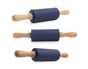 Rolling pin with wooden handles isolated on white, collage