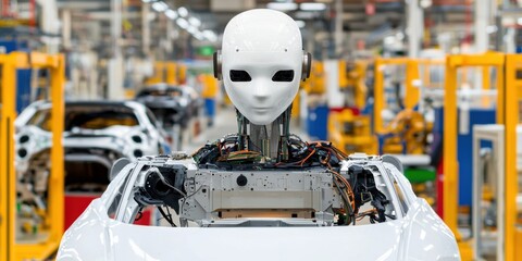 Fototapeta premium A humanoid robot oversees an automotive assembly line, showcasing advanced technology in manufacturing.