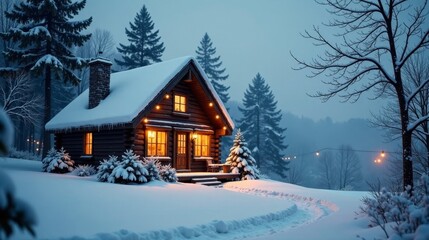 Naklejka premium Cozy Cabin in a Winter Wonderland A Serene Snow-Covered Log Home with Warm Lighting at Dusk