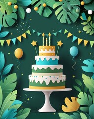 green theme Kids birthday party celebration card invitation plain modern flat illustration background with copy space backdrop