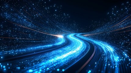 Abstract blue light trails and particles on a dark background, creating a sense of movement and technology.