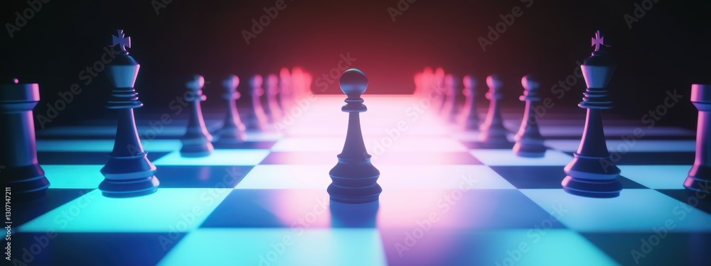 Poster illuminated chessboard with a single pawn surrounded by mystery and strategy, highlighting depth and