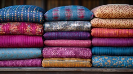 Stack of Colorful Traditional Woven Textiles