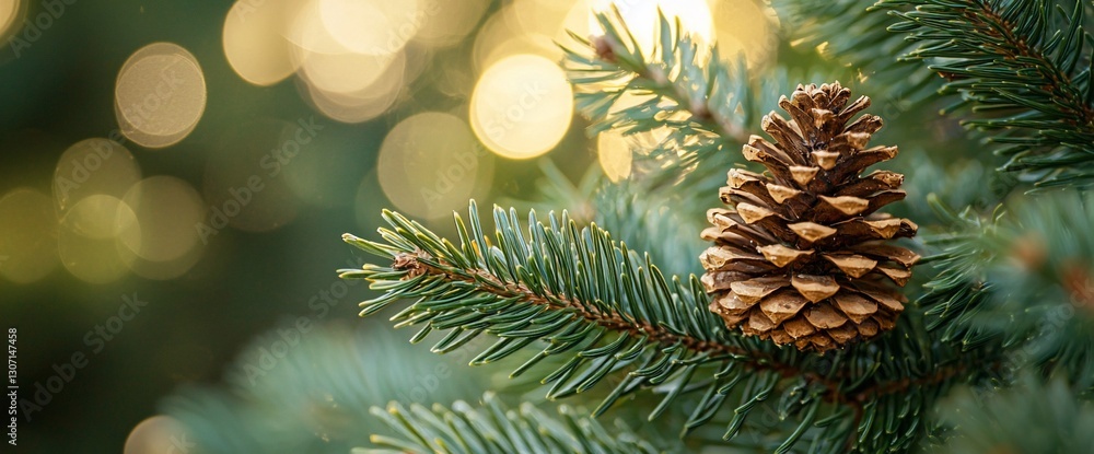 Poster pine cone on evergreen branch with bokeh background.