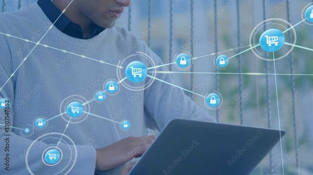 Poster using laptop, man browsing digital shopping with security icons overlay