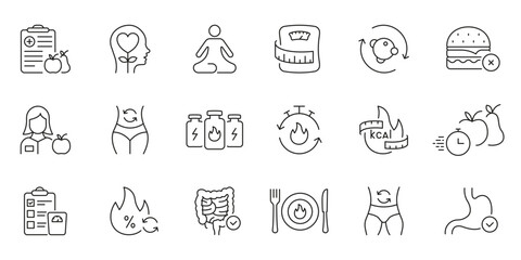 Health and Wellness Line Icon Set. Nutrition, Fitness, and Lifestyle Outline Symbol Collection. Editable Stroke. Isolated Vector Illustration