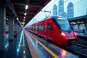 Fototapeta premium Curved glass station, vibrant red train arriving, steel, vehicle, railroad