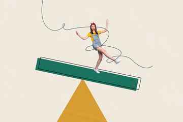Exclusive sketch collage of astonished girl stand geometric figure development concept success...