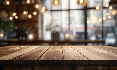 Wooden Tabletop with Blurred Restaurant Background and Warm Lighting