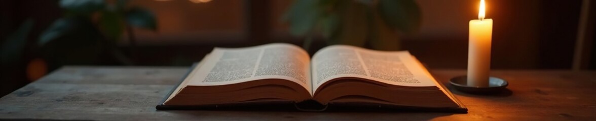 A solitary candle on a table with an open book, serenity, warm, book