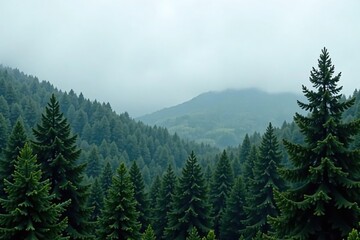 Fototapeta premium Foggy tree tops in a dense forest environment, foliage, overcast, nature