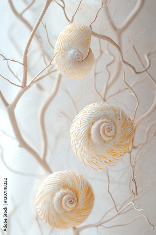 Poster elegant seashells arranged on delicate branches create serene coastal decor. soft colors and intrica