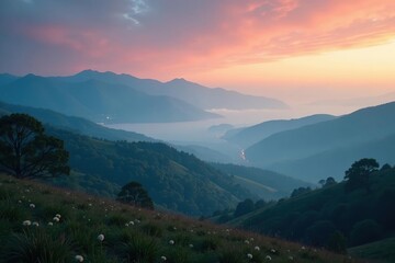 Misty landscape with rolling hills and distant mountains, dark_colors, light, distance