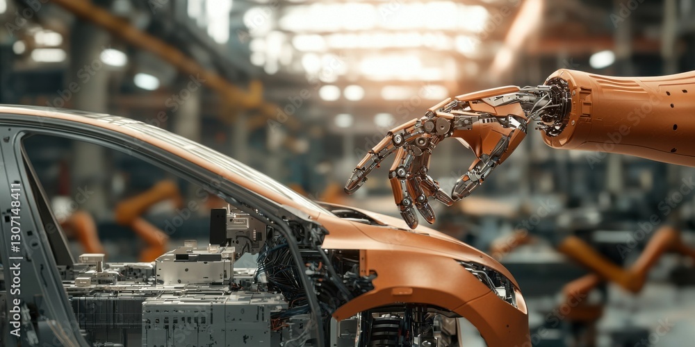 Poster a robotic arm interacts with a car in a modern factory setting, showcasing advanced automation in ve