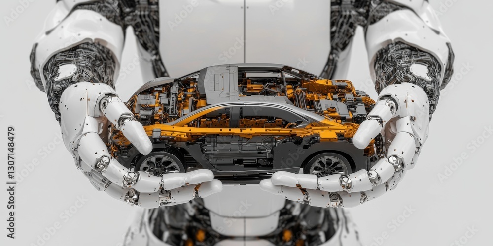 Poster a robotic hand holds a detailed model of a car, showcasing advanced technology and the intersection 