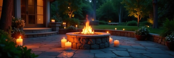 Soft candlelight on paved patio surrounding a fire pit, candlelight, peaceful