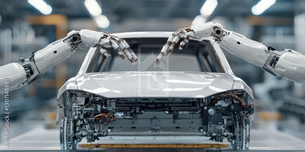 Poster a robotic assembly line with mechanical arms assembling a modern car in a high-tech manufacturing en