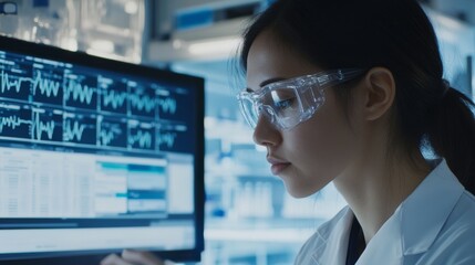 Female Scientist Analyzing Data on Computer Screen in Laboratory Setting