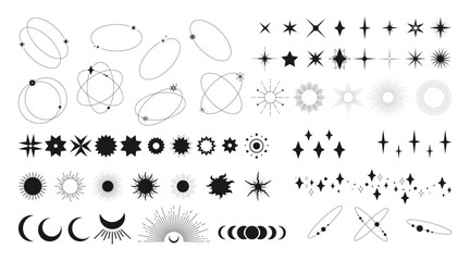 Celestial star symbols, geometric shapes and sparkle frames. Space design elements. Vector illustration