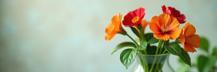 Physalis flowers in a clear glass vase with some green, natural, foliage, plant