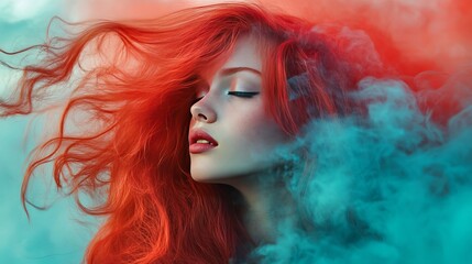 Crimson and bright cyan mist, bold and vibrant with cloud-like texture and smooth blending