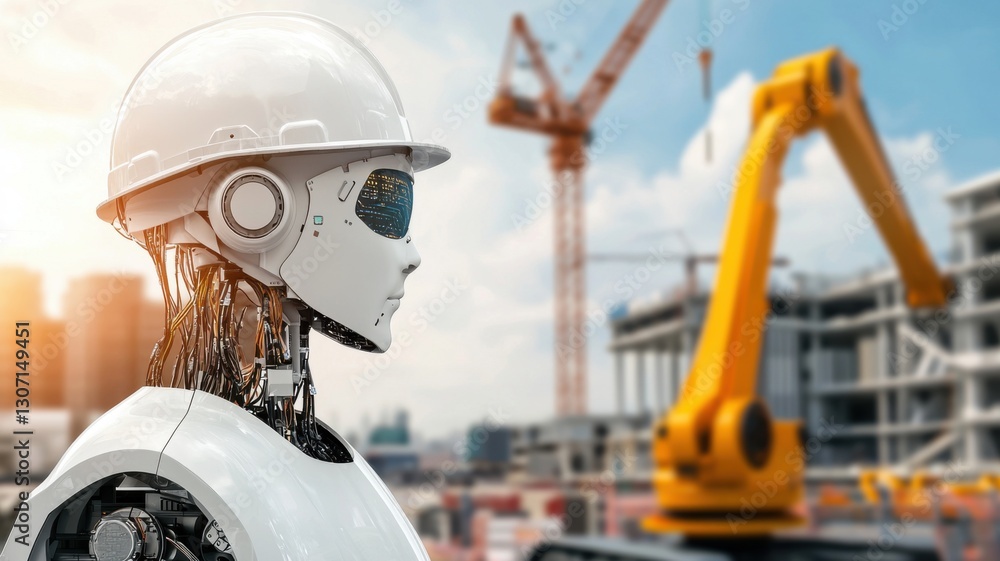 Poster a futuristic robot in a construction setting, wearing a hard hat and observing machinery, symbolizes