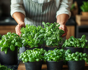 Fresh herbs in pots being held, ready for planting or cooking, person wearing a striped apron in a cozy home kitchen environment.