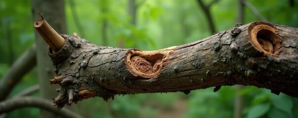 Dead tree branch with exposed knots and decaying bark, natural, bark, wood