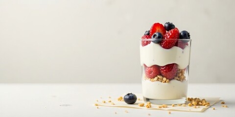Layered Delight Creamy Yogurt Parfait with Fresh Raspberries, Strawberries, and Blueberries, Topped with Crunchy Granola