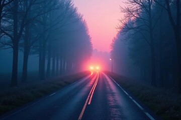 Foggy road illuminated by soft glowing light amidst the mist, fog, dusk