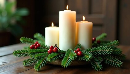 Pine branch centerpiece with white candles and greenery, white candles, holiday, rustic