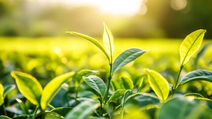 Fototapeta premium Fresh Green Tea Leaves at Sunrise in Natural Outdoor Setting