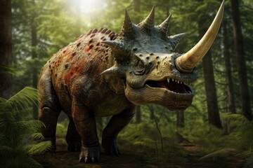 Fototapeta premium Real Triceratops Diplotomodon dinosaur animal plant.