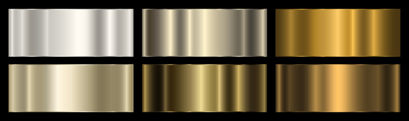 A set of gold and platinum gradients with an outline on a black background. Metallic gradient effects for text and infographic design. A metal banner. Vector EPS 10.