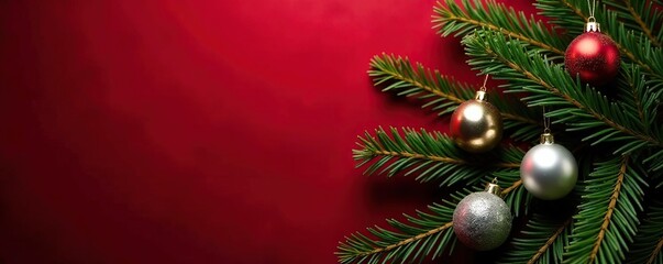 Pine branches adorned with silver metallic ornaments against a deep red velvet backdrop, decorations, metal, xmas