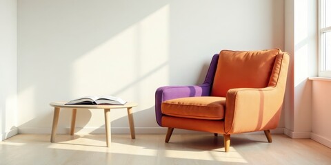 Fototapeta premium Serene interior scene featuring a two-toned armchair bathed in sunlight, accompanied by a simple wooden side table holding an open book.