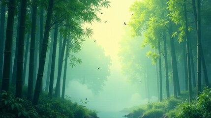 Serene Bamboo Forest Path, Misty Morning, Birds in Flight, Tranquil Nature Scene