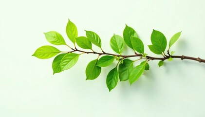 Single branch of tree with leaves and greenery against white background, verdant, plant isolate