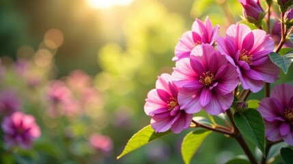 Obraz premium Radiant Pink Blooms Basking in Golden Sunlight, a Delicate Floral Display in a Lush Garden Setting