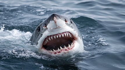 Fototapeta premium A great white shark’s mouth opens to reveal razor-sharp, crimson-stained teeth, hinting at its predatory prowess